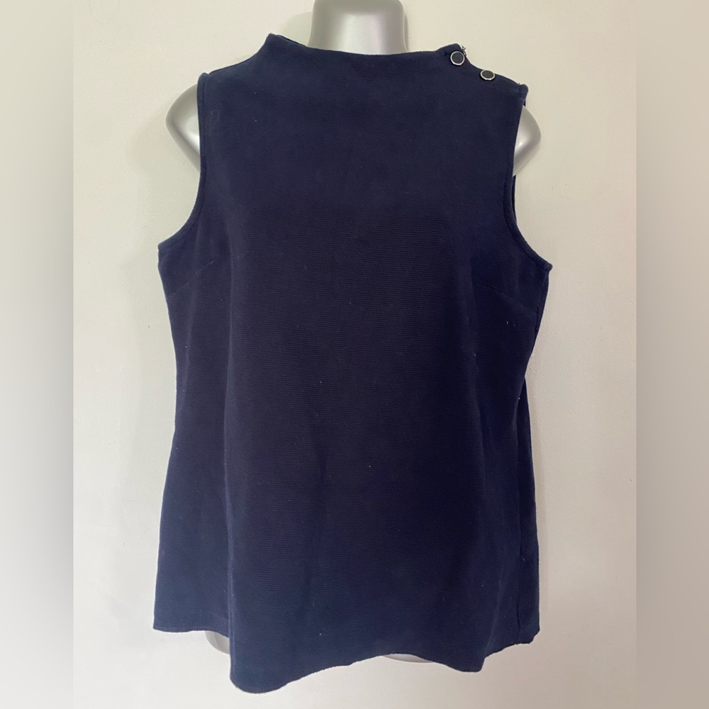 Talbots Petite Navy Mock Neck Sleeveless Top with Button Shoulder detail